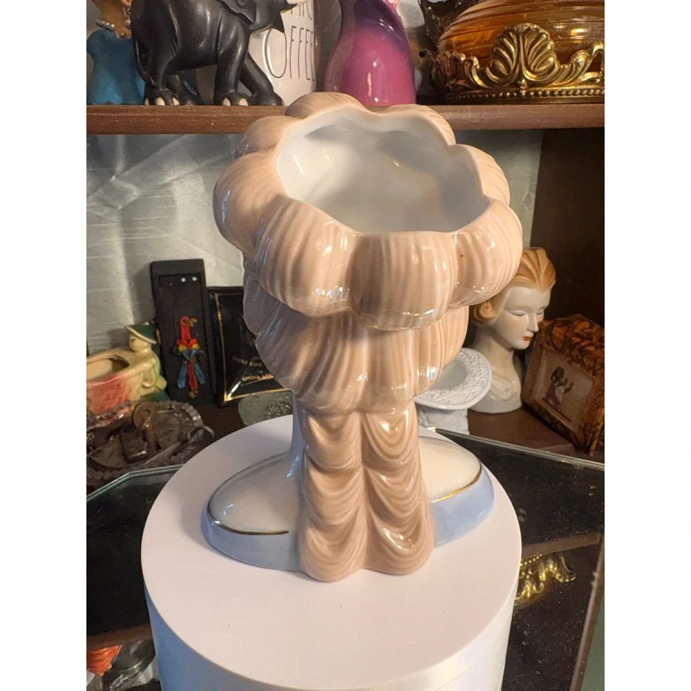 Vintage Ceramic Lady Head Vase Blue Tiara Gold Trim Peach Hair Porcelain Bust